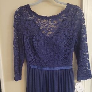David's Bridal Marine Blue Lace 3/4 Sleeve With Mesh Bottom Dress. NWT